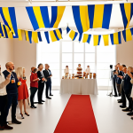 **Prompt:** A vibrant, exclusive event pre-launch scene. Guests excitedly anticipate a grand opening, captured in a behind-the-scenes video. Early bird discount banners are visible. Focus on energy, anticipation, and exclusivity. Swedish flags and 'fika' elements present.